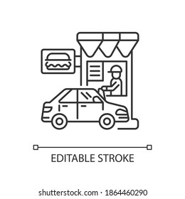 Drive through restaurant linear icon. Fast food cafe with car lane. Takeout burger. Thin line customizable illustration. Contour symbol. Vector isolated outline drawing. Editable stroke