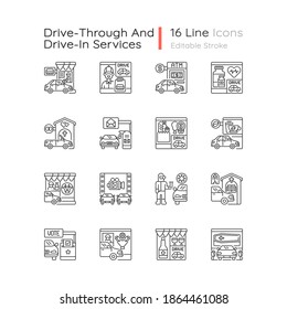 Drive through services linear icons set. Auto on fast food window. Groceries store. Coffee shop. Customizable thin line contour symbols. Isolated vector outline illustrations. Editable stroke