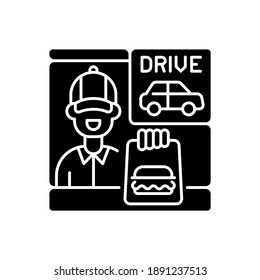 Drive Through Window Black Glyph Icon. Fast Food Order. Restaurant Employee. Burger For Customer. Express Delivery Service. Silhouette Symbol On White Space. Vector Isolated Illustration