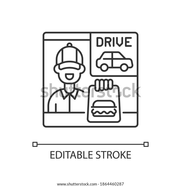 Drive through window linear icon. Fast food take\
away order. Restaurant employee with takeout. Thin line\
customizable illustration. Contour symbol. Vector isolated outline\
drawing. Editable stroke