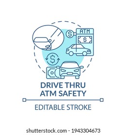 Drive thru ATM safety concept icon. Automated teller machines idea thin line illustration. Mirrors for visibility. Theft and scammers. Vector isolated outline RGB color drawing. Editable stroke