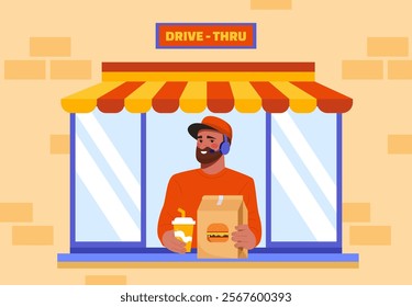 Drive thru concept. Man in red uniform with soda and bag with fast food and takeaway eating. Counter with junk food. Cafe for drivers. Catering occupation. Flat vector illustration