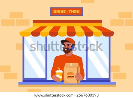 Drive thru concept. Man in red uniform with soda and bag with fast food and takeaway eating. Counter with junk food. Cafe for drivers. Catering occupation. Flat vector illustration