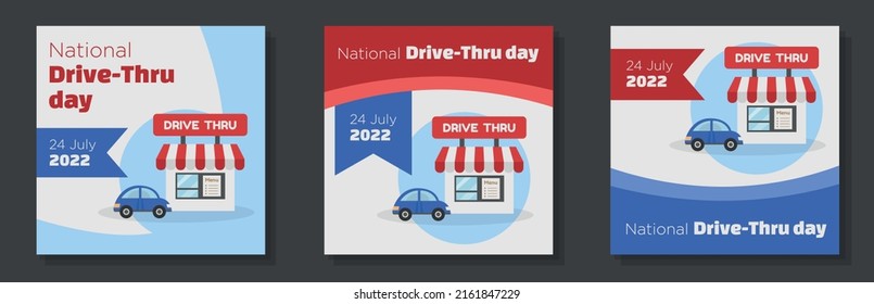 Drive Thru Day 2022 Social Media Post, Banner Set, National Drive Through Event 2022 Advertisement Concept, 24 July Celebration Content Marketing Square Ad, Abstract Print, Isolated On Background.