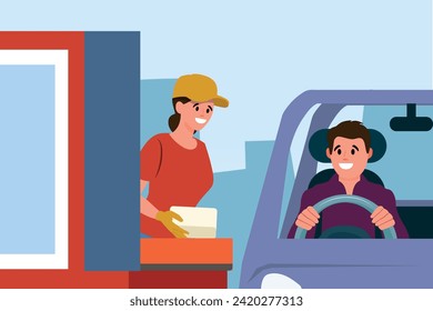 Drive thru fast food restaurant on a brick building, flat design vector illustration.
