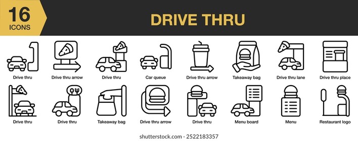 Definição do ícone Drive Thru. Inclui unidade de borracha através, menu, restaurante, take away, e Mais. Contornar coleção de vetores de ícones.