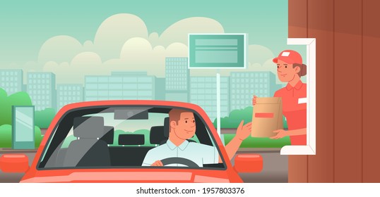 Drive thru. Man drives up to a fast food cafe and picks up his order. Vector illustration in flat style