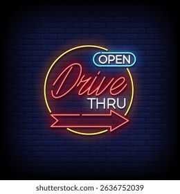 drive thru neon sign with brick wall background vector