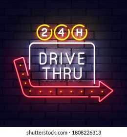 Drive thru neon sign. Glowing neon light signboard of fast food. Sign of drive thru with colorful neon lights isolated on brick wall. Vector illustration