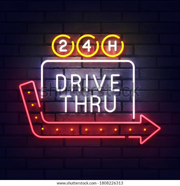 Drive thru neon sign. Glowing neon light\
signboard of fast food. Sign of drive thru with colorful neon\
lights isolated on brick wall. Vector\
illustration