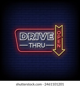 drive thru neon Sign on brick wall background vector