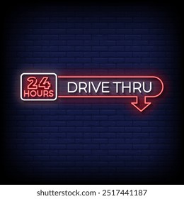 drive thru neon sign vector with brick wall background 