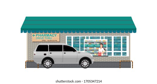 Drive Thru pharmacy with customer a purchased product at a drive thru line isolated on white, flat design vector illustration.