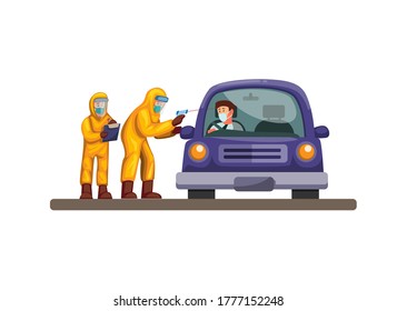 Drive Thru Rapid Test, Doctor And Scientist Wear Hazmat Suit Check Driver Car From Corona Virus Infection. Concept In Cartoon Illustration Vector On White Background