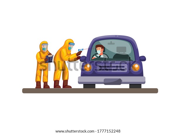 Drive thru rapid test, doctor\
and scientist wear hazmat suit check driver car from corona virus\
infection. concept in cartoon illustration vector on white\
background