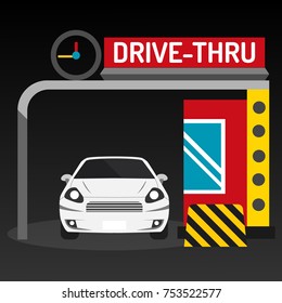 Drive thru sign Fast way business for takeaway with white car vector illustration on black background
