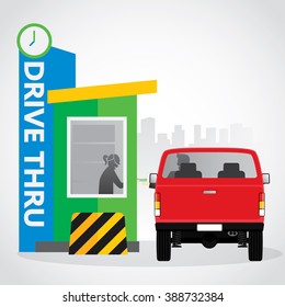 Drive thru sign. Illustration of a customer services at the drive thru lane.
