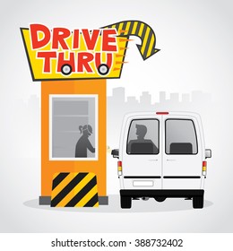 Drive thru sign. Illustration of a customer services at the drive thru lane.