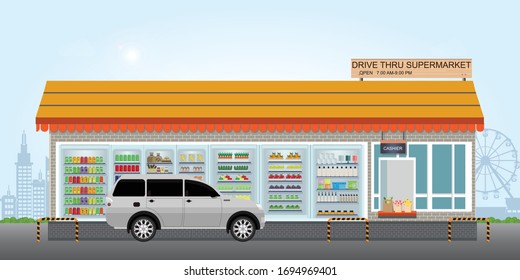 Drive Thru supermarket with customer a purchased product at a drive thru line, flat design vector illustration.