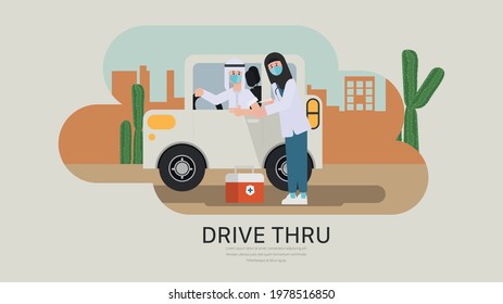 Drive Thru To Take Vaccine In The Car Concept. Treatment Covid-19 New Normal Lifestyle. Muslim,indian,arab People.