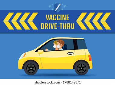 Drive Thru To Take Vaccine In The Car Concept. Treatment Covid-19 New Normal Lifestyle.