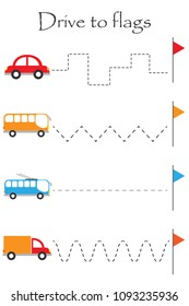 Drive transport to flags, handwriting practice sheet, kids preschool activity, educational children game, printable worksheet, writing training, vector illustration