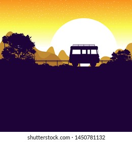 drive a van Road background sunset silhouettes in the country with trees. twilight. 