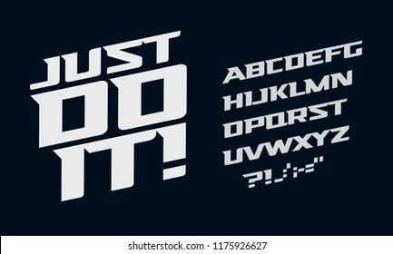 Drive vector alphabet. Race modern serif font. Dynamic movement letters set. White bold italic typeset on dark background.