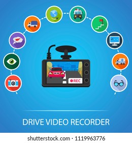 Drive video recorder flat icons concept. Vector illustration. Element template for design.