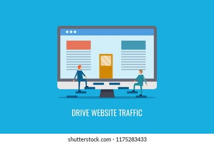 Drive website traffic, Getting more website visitors, Increase traffic flat design vector illustration with characters