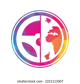 Drive world vector logo design. Steering wheel and world symbol or icon.