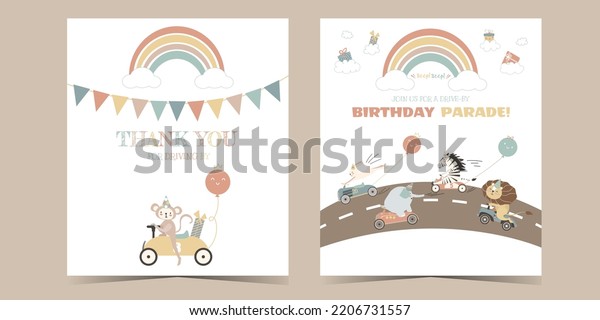 Drive-by birthday party invitation and coordinated\
thank you card. Drive through birthday parade invitation with cute\
animals and rainbow, monkey, elefante, zebra, lion, cars, gifts,\
honk and wave