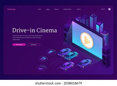 Drive-in cinema banner. Outdoor movie theater with cars on open air parking. Vector landing page of street auto cinema with isometric illustration of big screen, automobiles and city