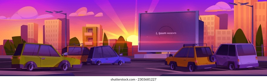 Drive-in cinema with car on sunset cartoon vector. Outdoor screen movie on auto parking under purple and orange sky with sun beam. Outside open air entertainment for watch performance in automobile