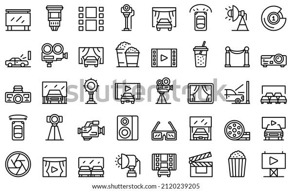 Drive-in cinema icons set outline vector. Drive
auto. Car open