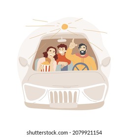 Drive-in Cinema Isolated Cartoon Vector Illustration. Family Outing, Watching Screen From A Trunk Of A Car, Eating Popcorn, Outdoor Cinema, Leisure Time, Drive-in Movie Night Cartoon Vector.