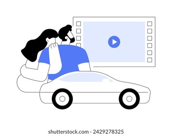 Drive-in cinema isolated cartoon vector illustrations. Young couple watching movie on large screen sitting in a car, grand events, people urban lifestyle, large audience vector cartoon.