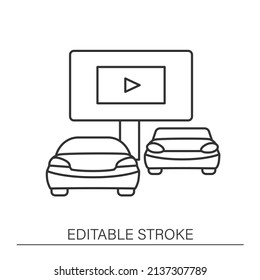  Drive-in Cinema Line Icon. Outdoor Theater. Car Parking Near The Big Screen. Driving Car Concept.Isolated Vector Illustration.Editable Stroke