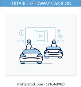 Drive-in Cinema Line Icon.Outdoor Theatre With Cars On Open Air Parking Concept.Starry Night With Many Cars And People Looking Into Glowing Screen Of Movie.Isolated Vector Illustration.Editable Stroke