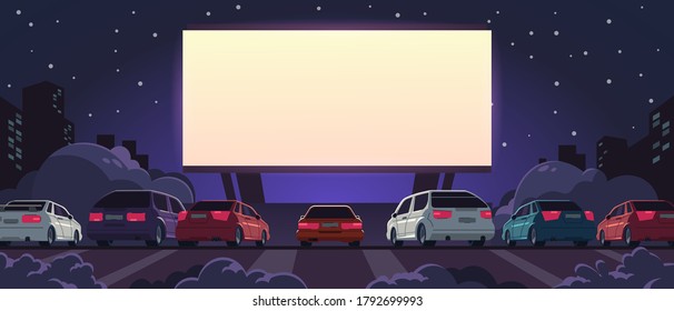 Drive-in cinema. Open space auto theater with cartoon glowing white screen and car parking, outdoor movie at night. Vector illustration automobile outdoor parking
