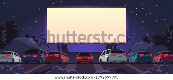 Drive-in cinema. Open space
auto theater with cartoon glowing white screen and car parking,
outdoor movie at night. Vector illustration automobile outdoor
parking