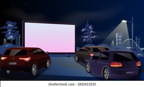 Drive-in cinema. Open-air cars are watching a movie on the movie screen. Open space auto theater. Night city with automobile outdoor parking. Film festival, city entertainment. Vector drawing
