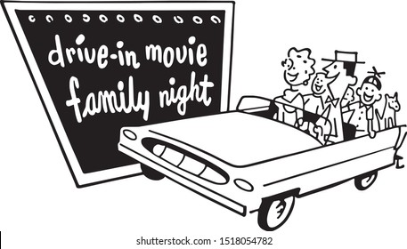 Drive-In Movie Family Night - Retro Clipart Illustration