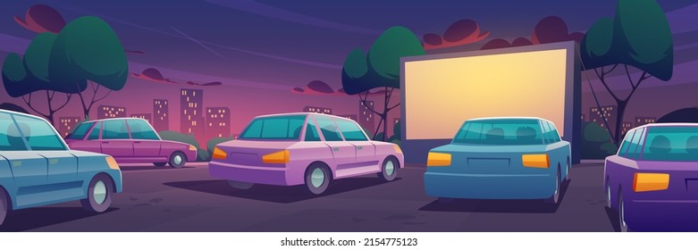 Drive-in movie theater with cars on parking. Outdoor cinema for auto. Vector cartoon illustration of summer city landscape with open air cinema with blank screen and automobiles