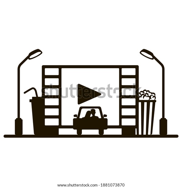 Drive-in movie theater. Street cinema.\
The concept of the modern open-air cinema.\
Vector.