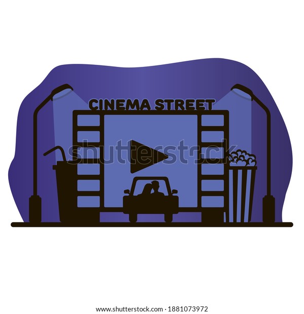 Drive-in movie theater. Street cinema.
The concept of the modern open-air cinema.
Vector.