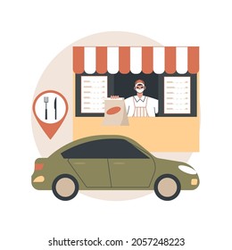 Ilustración abstracta del vector de concepto del restaurante de lanzamiento. Café de transmisión, servicios de transmisión sin virus, instalaciones sociales aisladas, recogida sin contacto, orden metáfora abstracta.