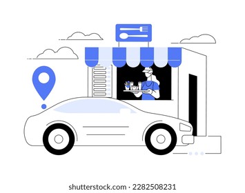 Drive-in restaurant abstract concept vector illustration. Drive-through cafe, virus-safe drive-in services, social isolated facilities, no-contact pick up, take away order abstract metaphor.