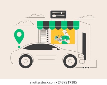 Drive-in restaurant abstract concept vector illustration. Drive-through cafe, virus-safe drive-in services, social isolated facilities, no-contact pick up, take away order abstract metaphor.