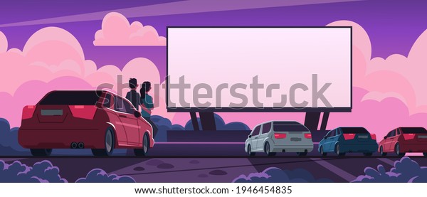 Drive-in\
romantic cinema. Cartoon couple watching movie in outdoor open\
space car theater. Hugging couple on date. Landscape with dramatic\
sunset sky and automobiles. Vector\
illustration